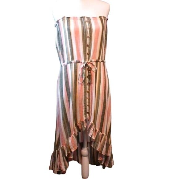 Blue Island Strapless Cotton Striped Hi-low Dress Tie Waist Size S‎ - Picture 1 of 14